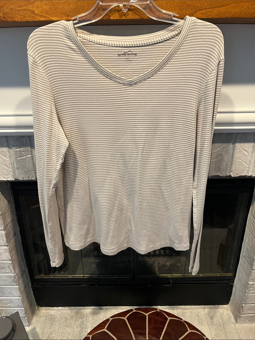 Eddie Bauer Cream and Light Gray Striped V-Neck Long Sleeve Top